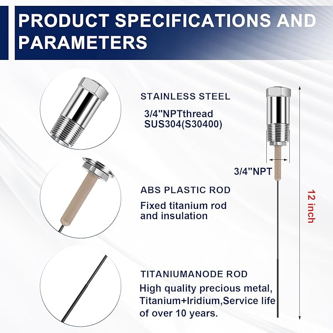 Powered Anode Rod, vattceel Water Heaters Anode Rod Titanium Anode Rod(10-45 Gallon Tank), Electrical Anode Rod,No More Sulfur/Rotten Egg Smell,Prevent Corrosion of Storage Tanks