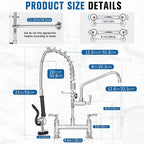21" Height Commercial Sink Faucet Deck Mount with Pre-Rinse Sprayer, Commercial Kitchen Faucet with 8" Add-on Swing Spout Faucet & Spring Pull Down Sprayer, 8" Adjustable Center Kitchen Faucet