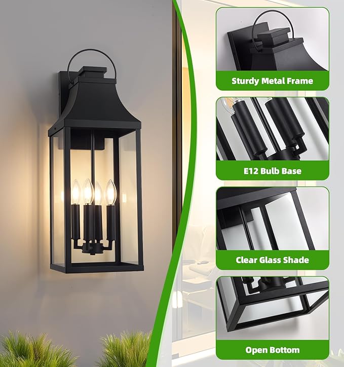 tewei 25'' Large Outdoor Wall Light, Porch Light Outdoor Wall Sconce Lantern, 4-Light Modern Black Exterior Lighting Fixture Wall Mount, Outside Light for House Garage, 1-Pack