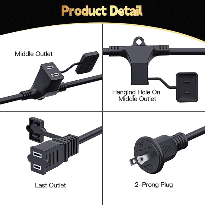 50FT Outdoor Extension Extension Cord for Halloween Christmas Inflatables with Multiple Outlets Black Electrical Cord with Multiple Plugs Outdoor Christmas Blow Up Decorations Light Extension Cords