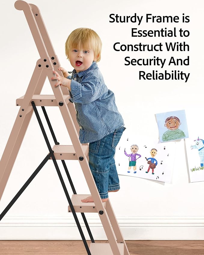 Taranta 4 Step Ladder, Lightweight Aluminum Step Stool with Convenient Handgrip, Folding Ladder with Anti-Slip Pedals, 330lbs Capacity Stepladder for Home, Office, Kitchen - Peach Pink