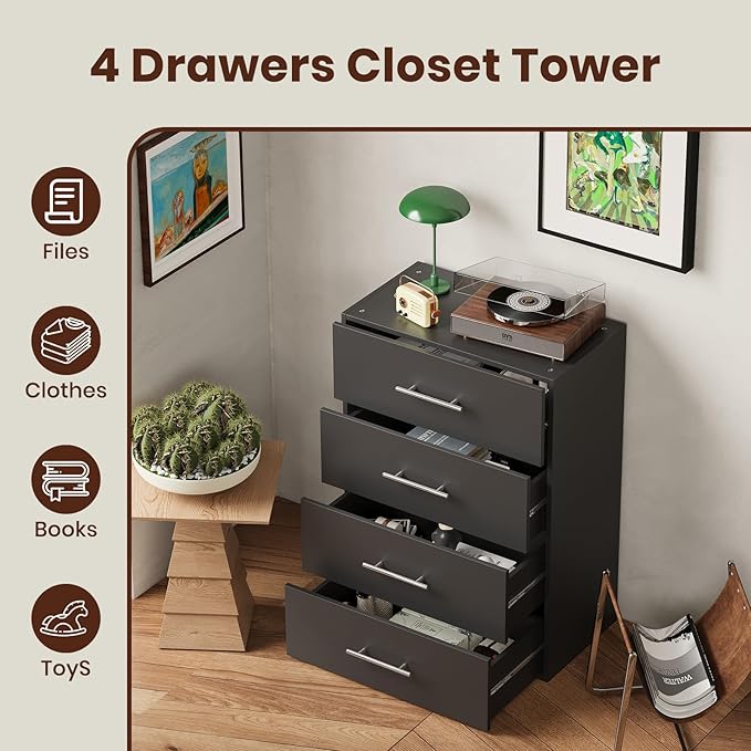 ROOMTEC 31.5" 4 Drawer Short Tower Closet Unit, Modular Closet System with Drawers and Shelf, Wardrobe Organizer for Bedroom or Walk-in Closet, Wall Mounted, Customizable Clothes Storage Unit, Black