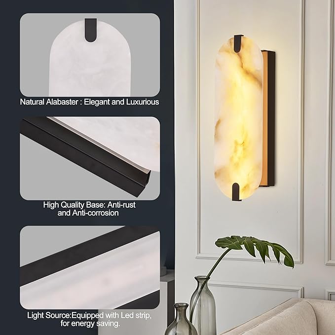 14.17in Alabaster Wall Sconces, Natural Marble Wall Light, Modern LED Alabaster Sconces for Living Room Indoor Wall Lamps for Dining Room Stairs Bedroom,Black