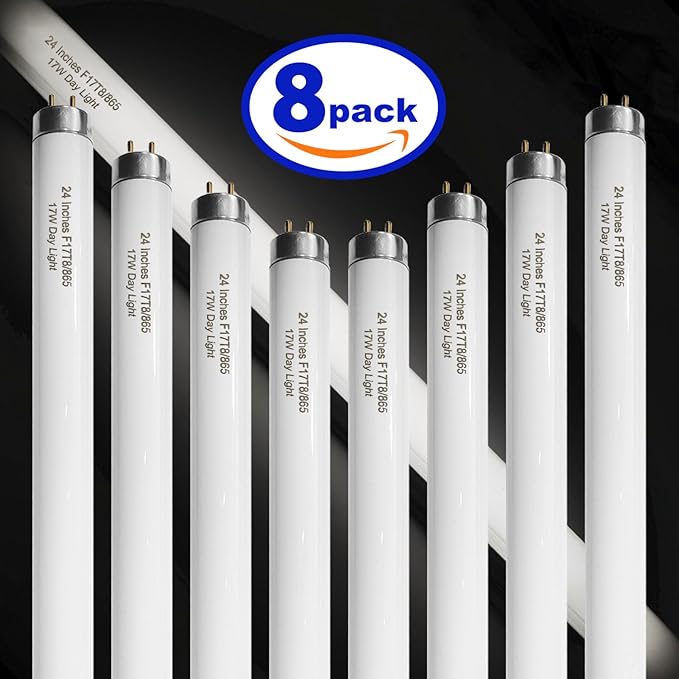 24 Inch F17T8/865 Fluorescent Bulb Daylight 6500K, 17 Watt T8 Light Bulb, 2 Foot Fluorescent Light Bulb, 1460 lumens, G13 Medium Bi-Pin Cap 8 Pack