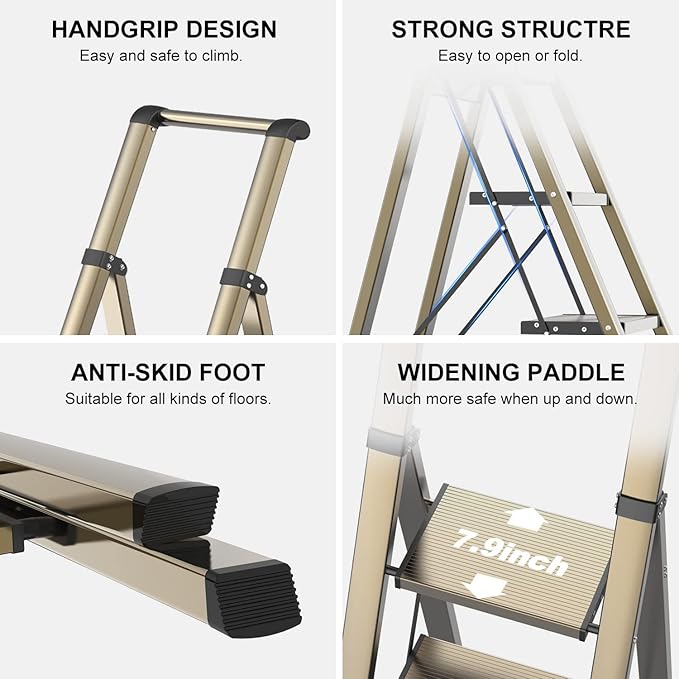 GameGem 4 Step Ladder, Folding Step Stool with Anti-Slip and Wide Pedal, Gold Ladder with Handgrip, Lightweight Aluminum Space Saving Stepladder for Home and Kitchen, 300 lbs Capacity