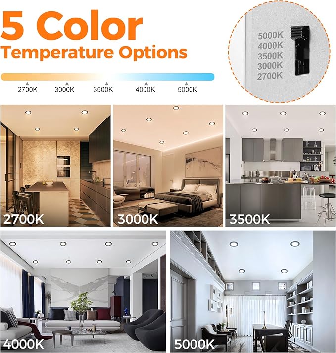 24 Pack 4 Inch Led Recessed Lights with Night Light, Canless Ultra Thin Wafer Soffit Recessed Lighting Downlight, Dimmable & 5 Color Temperature Selectable, 9W, ETL, Black