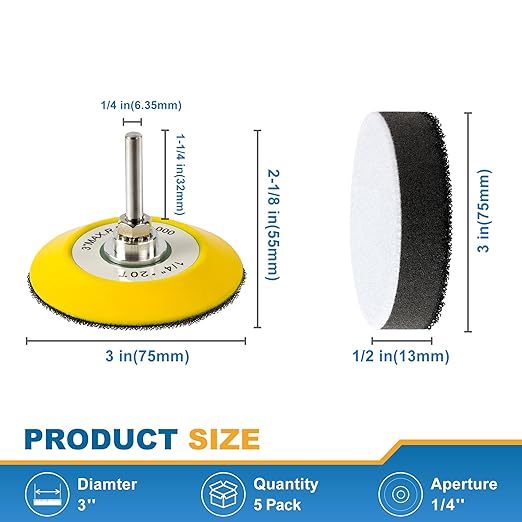 S SATC 3 Inch Hook and Loop Sanding Pad for Sanding Disc with 1/4 Inches Drill Sanding Attachment and Foam Sanding Pads for Polish Wood Metal Glass, 5 Packs