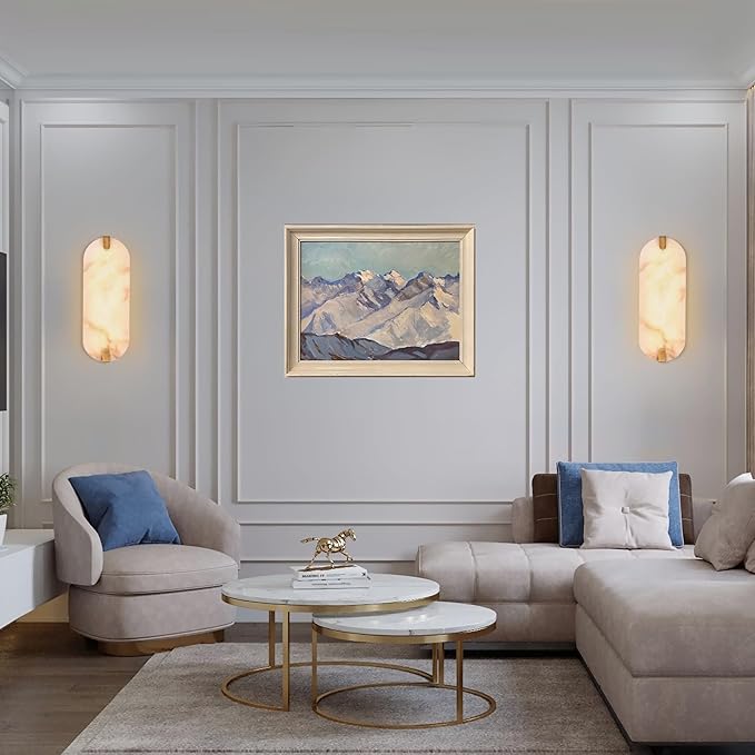 14.17in Alabaster Wall Sconces, Natural Marble Wall Light, Modern LED Alabaster Sconces for Living Room Indoor Wall Lamps for Dining Room Stairs Bedroom,Brushed Gold