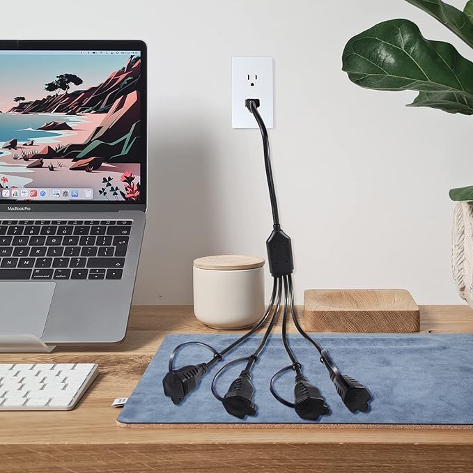 KUNCAN 4-Outlet Power Splitter Cord - 3 Prong 1 to 4 Way Male to Female Multi Plug Adapter, 1.5FT 16AWG 13A Y Style Extension Cord with Outlet Cover for Computer, LED Stage Light (Black 2-Pack)