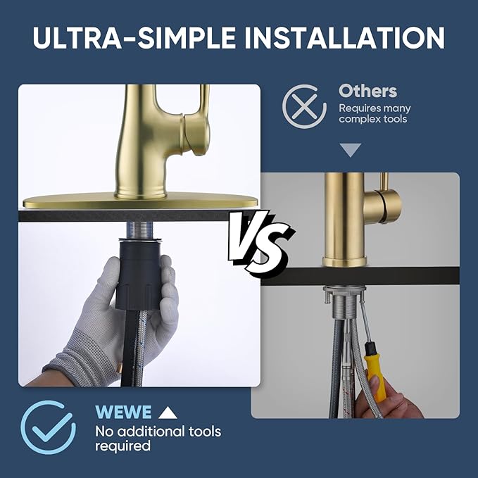 WEWE Vintage Kitchen Faucet with Pull Down Sprayer, Stainless Steel 1 or 3 Hole High Arc Single Handle Antique Sink Faucet for Classic Modern Ktichen, Gold