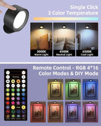 Wall Mounted Lights, 2 Pack Rechargeable RGB Color Changing Light, 3 Color Temps & Remote and Touch, 360°Rotation Dimmable Cordless for Study Bedroom Reading Bedside (Black)