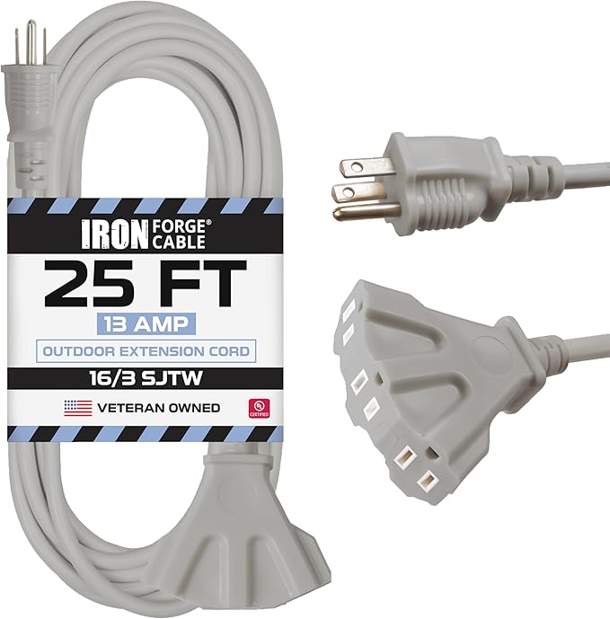 Iron Forge Cable 25 ft Gray Outdoor Extension Cord with Multiple Outlets, 16/3 SJTW 25 Foot Grey Outdoor & Indoor Extension Cord with 3 Outlets, 3 Prong, Weatherproof 13 Amp Heavy Duty Power Cable