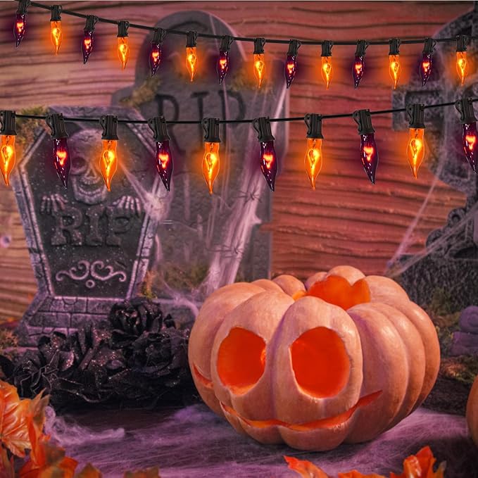27.78 FT Halloween Ligths, C7 Clear Orange and Purple Flickering Flame String Lights Outdoor, E12 Screw Base, Flame String Lights for Fall Decor Halloween Decorations Outdoor Indoor Home Patio Party