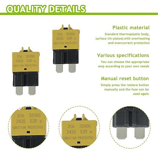 20A DC 12V-32V Manual Reset Circuit Breaker ATC/ATO Low Profile T3 Mini Blade Fuses Breakers for Car Trucks Marine Boat RV Solar and More,2 Pack