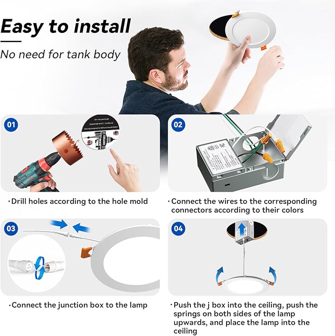 CHARKEE 24 Pack 4 Inch 5CCT Ultra-Thin LED Recessed Ceiling Light with Junction Box, 2700K/3000K/3500K/4000K/5000K, 750LM, 9W Equivalent to110W, Dimmable Canless Downlights, ETL & Energy Star & FCC