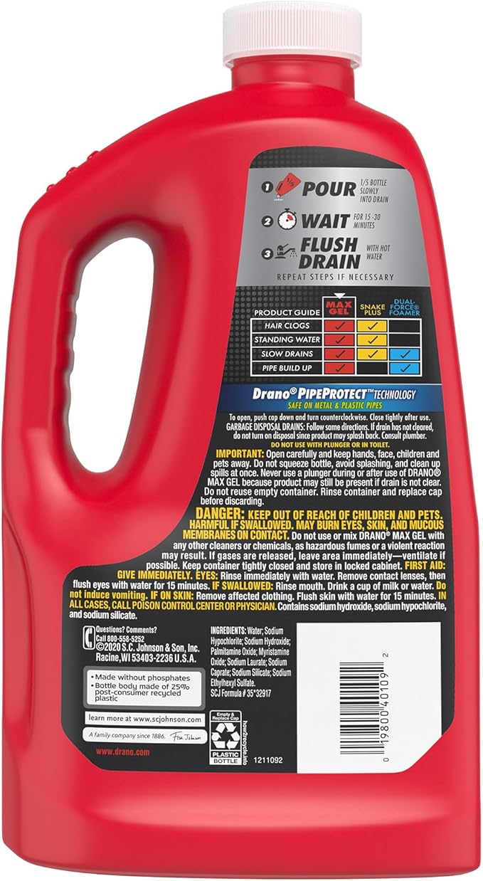 Drano Max Gel Drain Clog Remover and Cleaner for Shower or Sink Drains, Unclogs and Removes Hair, Soap Scum and Blockages, 80 Oz, Pack of 2