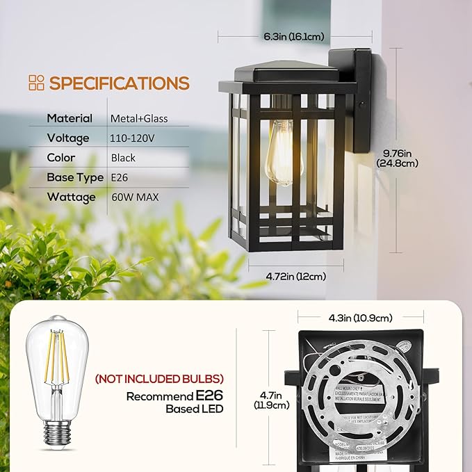 Outdoor Wall Light Fixtures 9.76'', Waterproof Porch Lights Lantern, Exterior Modern Matte Black Wall Mount Lighting, Anti-Rust E26 Socket Outside Scones for Front Door Garage Patio, 2 Pack