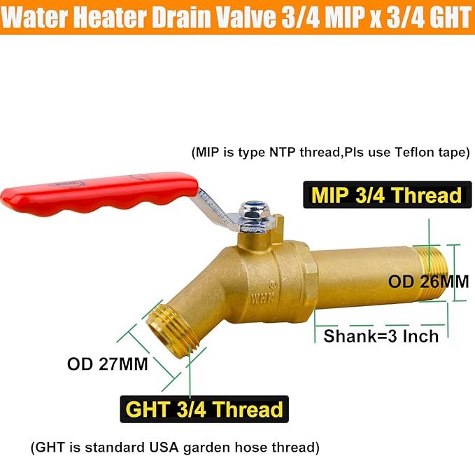 WHK Water Heater Drain Valve 3/4"MIP X 3/4" Male GHT Connection to drain or Flush Hot Water Heater Faster and Easy(Brass,3 Inch Shank with Long Handle)