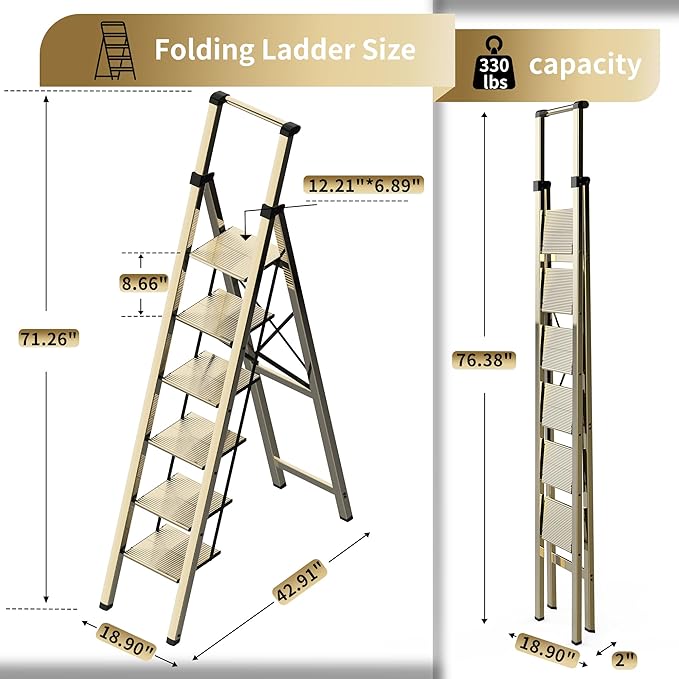 6 Step Ladder, Portable Step Ladder with Handrails, Folding Step Stool for Adult, Aluminum Step Ladder for Closet, Kitchen, Outdoor, 330LBS - Champagne Gold
