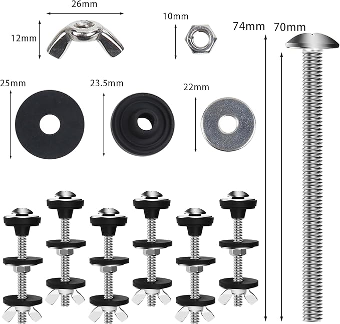 6PCS Universal Toilet Seat Bolts Kit, Heavy Duty Toilet Tank Bolts Replacement, Waterproof Stainless Steel Toilet Seat Screws and Rubber Washers Gaskets with Extra Long Nut