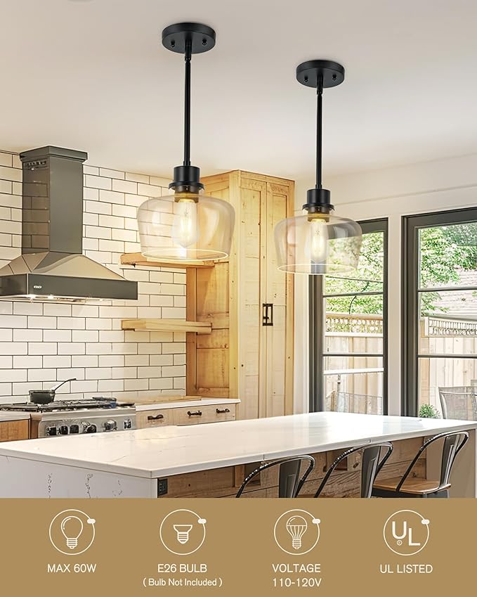 Emak Modern Black Pendant Lights, 8 Inch Kitchen Pendant Lighting Over Island with Clear Glass Shade, Farmhouse Hanging Lights for Kitchen, Bathroom, Bedroom, Dining Room, PL122-BK-CG