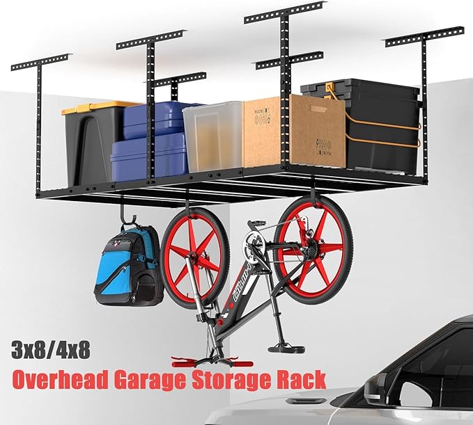 3x8 Overhead Garage Storage Rack Adjustable Garage Ceiling Storage Racks, Holds 600 lbs, 22 lbs Per Hook, Heavy Duty Steel Hanging Organizer for Tools, Bins & Bikes