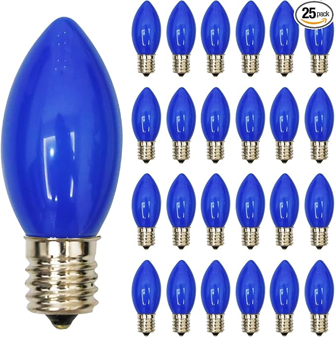 GOOTHY 25 Pack C9 Blue Christmas Replacement Light Bulbs, 7W C9 Incandescent Bulbs for Outdoor String Lights Hanukkah Chandelier Candles Decor, E17/C9 Intermediate Base, Night Light Bulbs- Blue