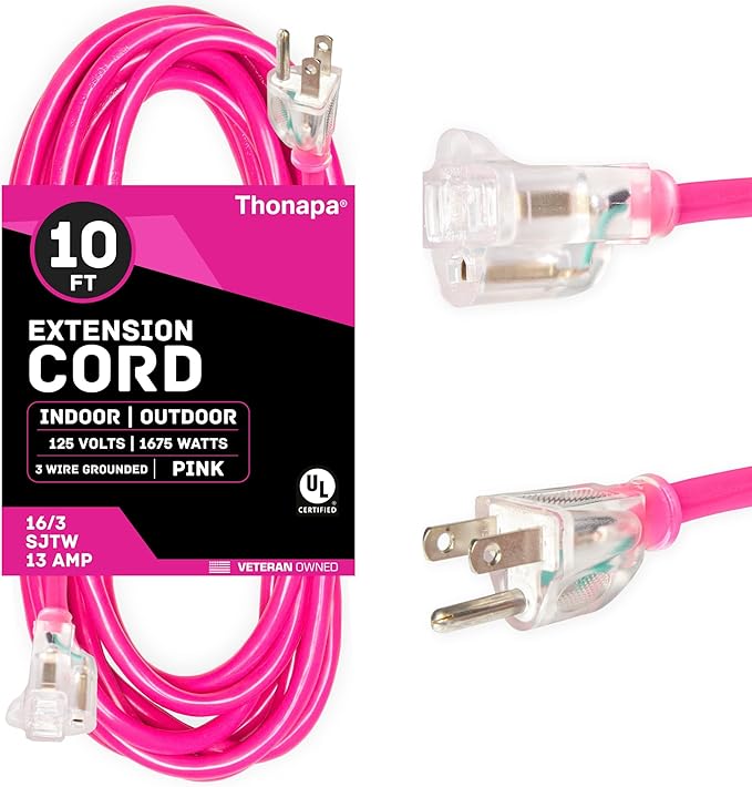 10 Ft Outdoor Extension Cord with 3 Prong, 16/3 SJTW Neon Pink Extension Cord 10ft, 13 AMP for Indoor or Outdoor Use, Small Appliances, Gardens, Lawn, Lights Decor - UL Listed