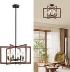 Modern Farmhouse Chandelier, 20'' Black and Wood Grain Dining Room Light Fixture, Geometric Pendant Light for Living Room Kitchen Bedroom Hallway, 6-Light Adjustable Hanging Chandelier Lamp