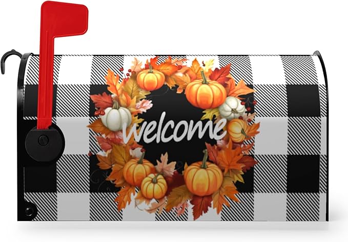 Fall Welcome Mailbox Covers Magnetic Standard Size Autumn Pumpkin Buffalo Plaid Mailbox Cover Post Box Wrap Outdoor Decor for Garden Yard 21x18 Inch
