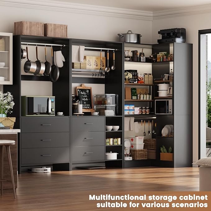 Aheaplus Closet System with 6 Drawers, 4 Hanging Rods & Corner Tower, Corner Closet System with Hanging, 86.8" L-Shaped Walk-In Wardrobe Organizer, 2000+ lbs Capacity, Set of 3, Black