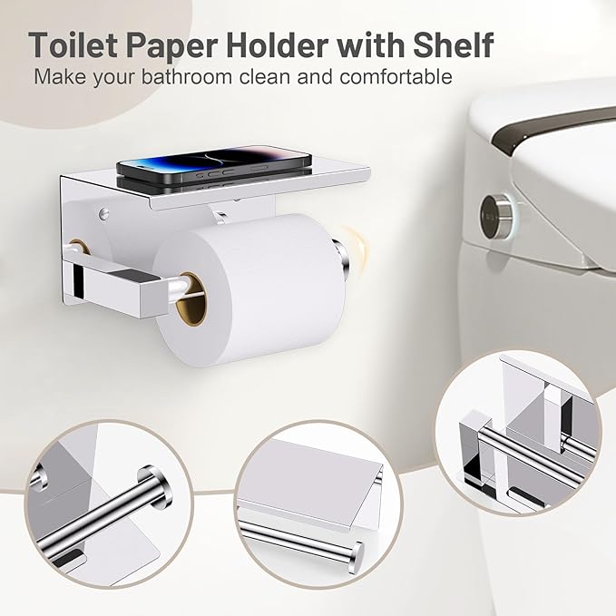 5-Piece Polish Chrome Bathroom Hardware Set, SUS304 Stainless Steel Bathroom Accessories Set 23.6 inches Towel Bar, Toilet Paper Holder with Shelf, Towel Ring and Two Towel Hooks Wall-Mounted