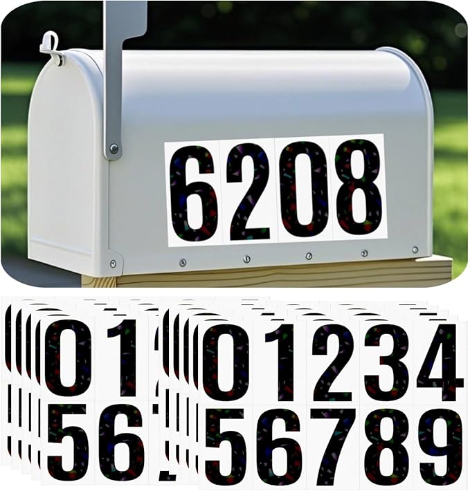 10 Sheets Reflective Vinyl Mailbox Number Stickers,Self-Adhesive Address Labels for Cars, House Doors, Windows & Metal Mailboxes (Black, 3 inch)