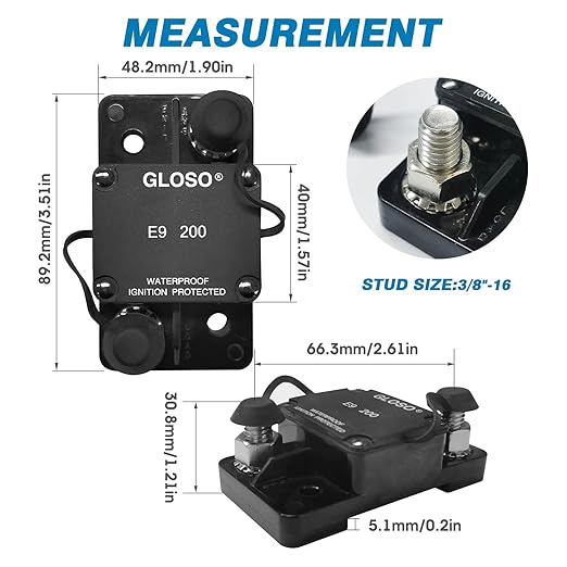 GLOSO Circuit Breaker E91 Auto Reset 175A Extended Surfacce Mount Waterproof IP67 Automotive Truck Hi-Amp (3/8" Stud, 175A)