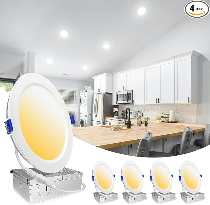 4 Pack LED Recessed Lighting 6 Inch,1800LM 16W=200W, 3000K Ultra-Thin Can Lights with Junction Box, Retrofit Dimmable Recessed Lights, Canless Wafer Downlight - ETL & Energy Star Certified