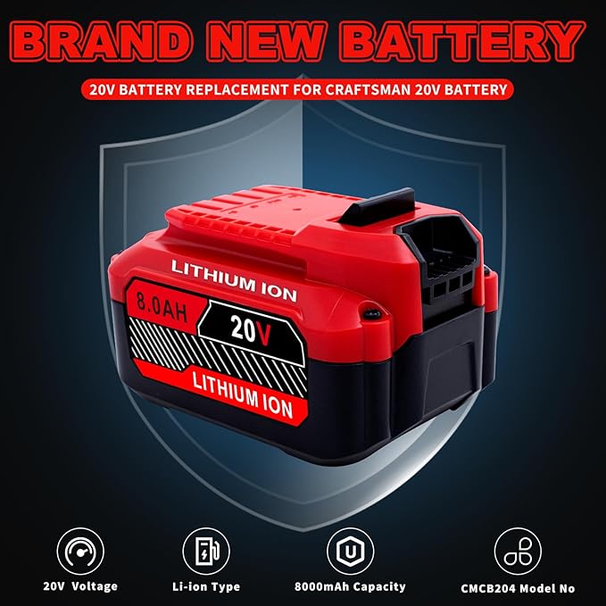 Upgrade 2-Pack 20V 8.0Ah Replacement for Craftsman 20V Battery V20 Lithium ion Batteries Compatible with CMCB205 CMCB204 CMCB206 CMCB202 CMCB201 20V Cordless Power Tools