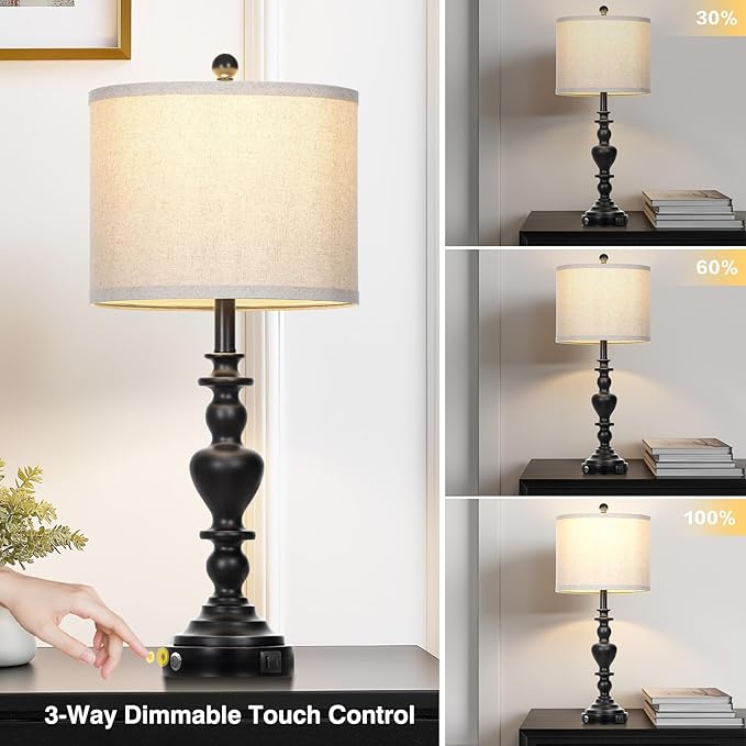 Farmhouse Table Lamps Set of 2, 27" Black Vintage Bedside Lamps with USB A+C Charging Ports, 3-Way Dimmable Touch Control Rustic Nightstand Lamp for Living Room Office(Bulbs Included)