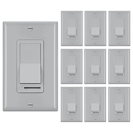 BESTTEN 10 Pack Dimmer Wall Light Switch, Compatible with Dimmable LED, CFL, Incandescent and Halogen Bulb, Single Pole or 3-Way Dimmer Switches, 120VAC, Decorator Wallplate Included, Gray
