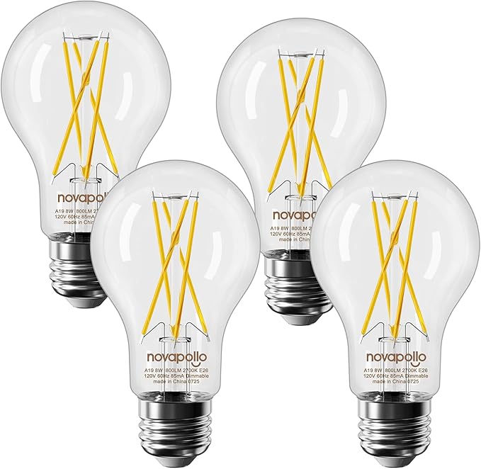 A19 LED Light Bulb Dimmable, 60W Equivalent, 2700K Warm White 800 Lumens Lightbulb, E26 Base, 8W C80+ CRI LED Vintage Edison Bulbs,4 Pack
