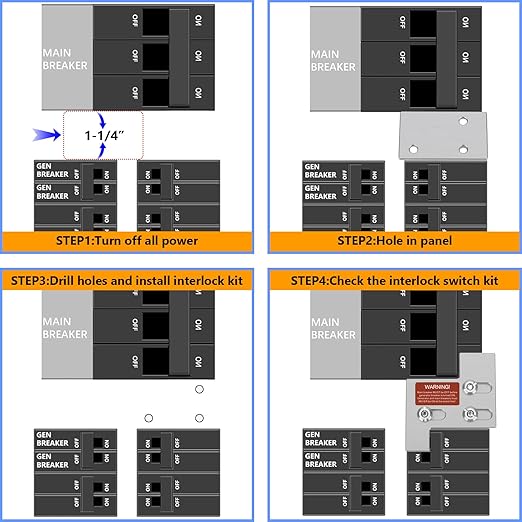 Generator Interlock Kit Compatible with GE General Main 150 or 200 Amp Panels, 1-1/4" Spacing Between Main and Branch Breakers, Electrical Interlock Kit