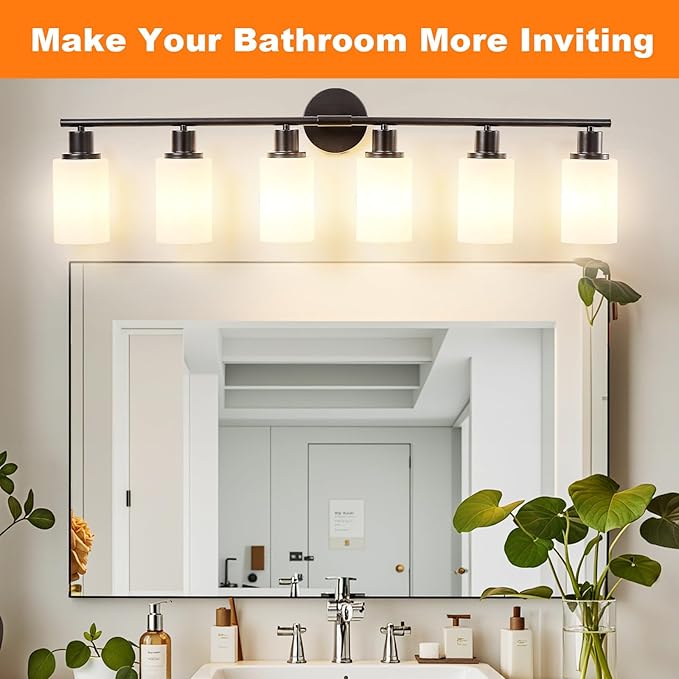 DLLT 6-Light Bathroom Light Fixtures: Black Modern Vanity Lights with E26 Bulbs - Milky White Glass Shade Bathroom Wall Lamp for Mirror Kitchen Living Room Hallway Cabinet Porch