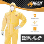 Tiger Tough Chemical Protection Coveralls, Yellow Disposable Hazmat Suit for Men & Women with Hood & Zipper