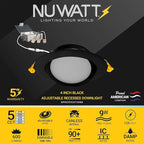 NUWATT Black 4 Inch Gimbal LED Recessed Lighting, 2700K/3000K/3500K/4000K/5000K Selectable, 630LM, Dimmable, Damp Rated, Adjustable Lens Canless Lights for Sloped Ceiling, Metal Junction Box, 6 Pack