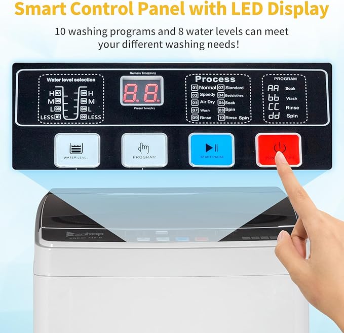 17.8LBS Portable Washing Machine, 2.3 Cu.ft Washer Dryer Combo w/Drum, 10 Programs 8 Water Level, Full-Automatic Compact Lavadora for Apartment Dorm Home, LED Display & 24-Hour Delay Cleaning