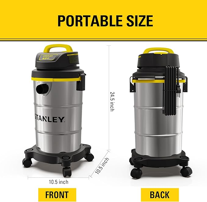 STANLEY Shop Vacuum Wet/Dry, 5 Gallon, 4 Horsepower, Stainless Steel Wet/Dry Vac Silver+Yellow+Black