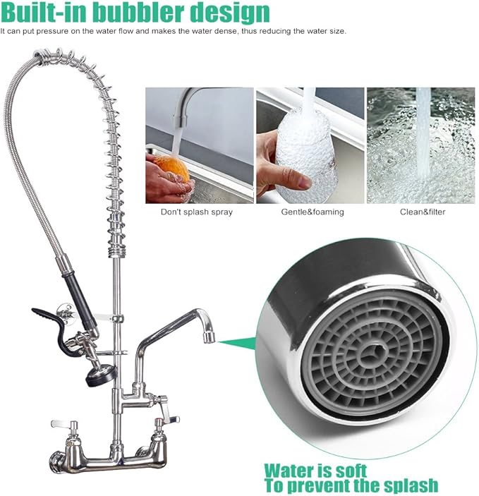 Commercial Sink Faucet with Sprayer 36 inch Commercial Faucet Pre Rinse Sprayer 8 inch Wall Mount Center with 12 inch Add on Spout