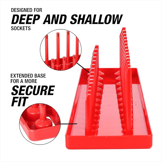 OEMTOOLS 22237 6 Piece SAE and Metric Socket Tray Set, SAE and Metric Socket Storage for Sizes 1/4", 3/8”, and 1/2" Drive, Socket Holders and Socket Organizer Tray for Toolbox, Red and Blue