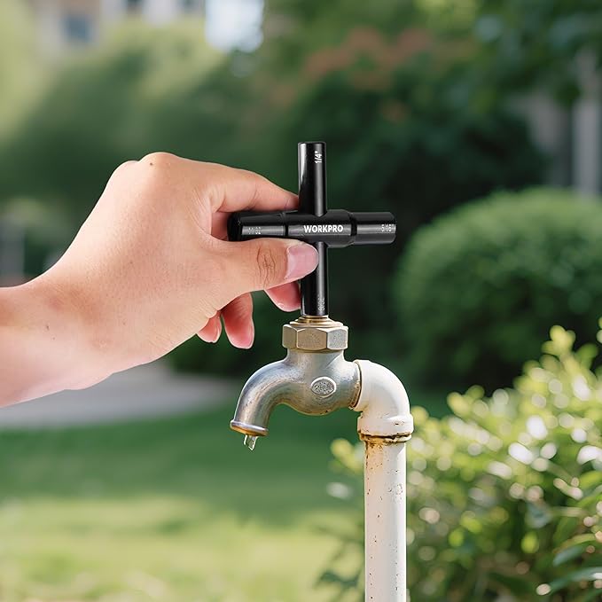 WORKPRO 2PC 4 Way Water Key Wrench, 40Cr Universal Utility Sillcock Key and Multifunctional Heavy-Duty Water Valve Key Tool for Faucet, Spigot, Electric Meter & Cabinet, 1/4", 9/32", 5/16", 11/32"
