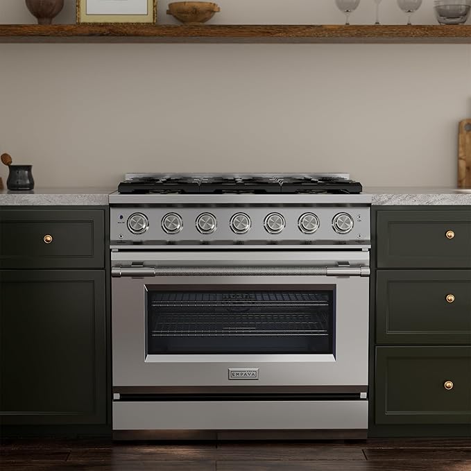 Empava 36 Inch Pro Gas Range with True Convection Oven, 6 Sealed Burners (4x25K + 2x18K BTU), Premium Porcelain Cooktop (Easy to Clean), Stainless Steel Construction, LP Kit Included, ETL Certified