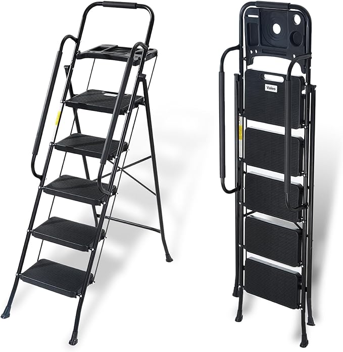 Valeo 5 Step Ladder with Handrails,500 Lbs Capacity,Folding Step Stool Ladder with Tool Platform,Wide Anti-Slip Pedal,Step Ladder 5 Step Folding,Multi-use for Home,Kitchen,Office,Black